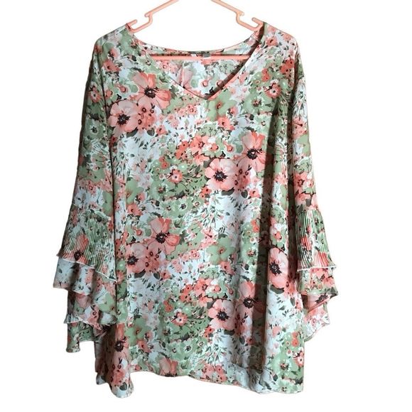 Cato Tops - C established 1946 Cato plus size 18/20 3/4 sleeve floral orange green pleats